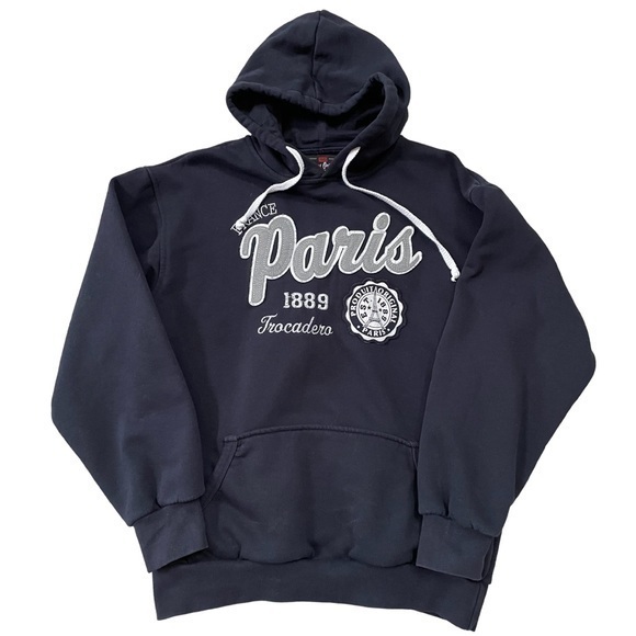 PARIS FRANCE | WOMENS PARIS FRANCE NAVY BLUE DRAWSTRING HOODIE + WHITE LOGO, Med - Picture 1 of 2